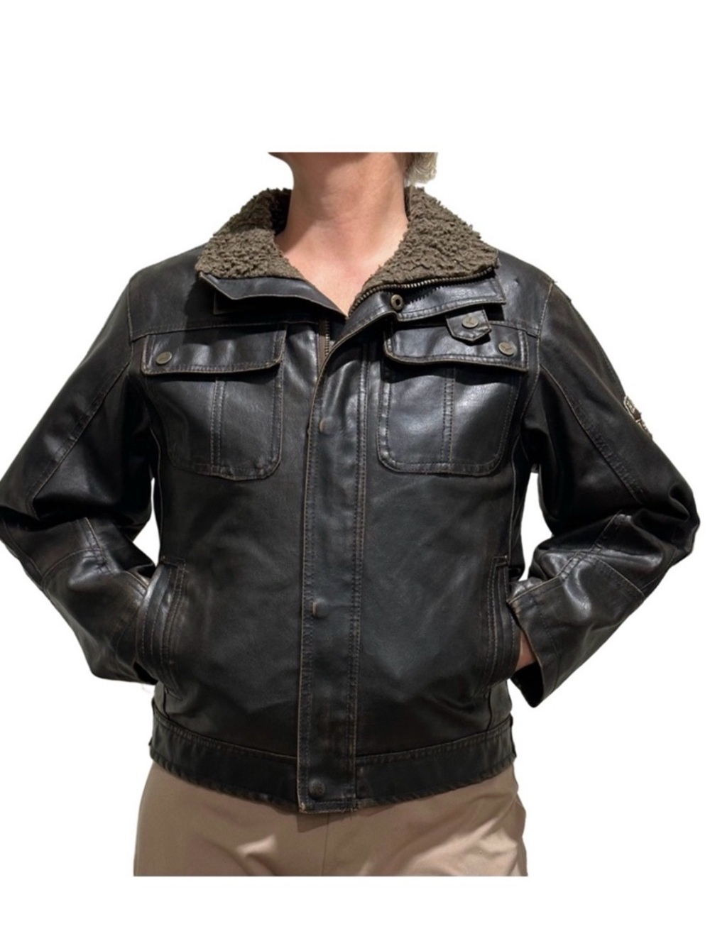 KIDS OR LADY Black Brown Faux Leather Field Jacket Sherpa Collar bomber 10-12